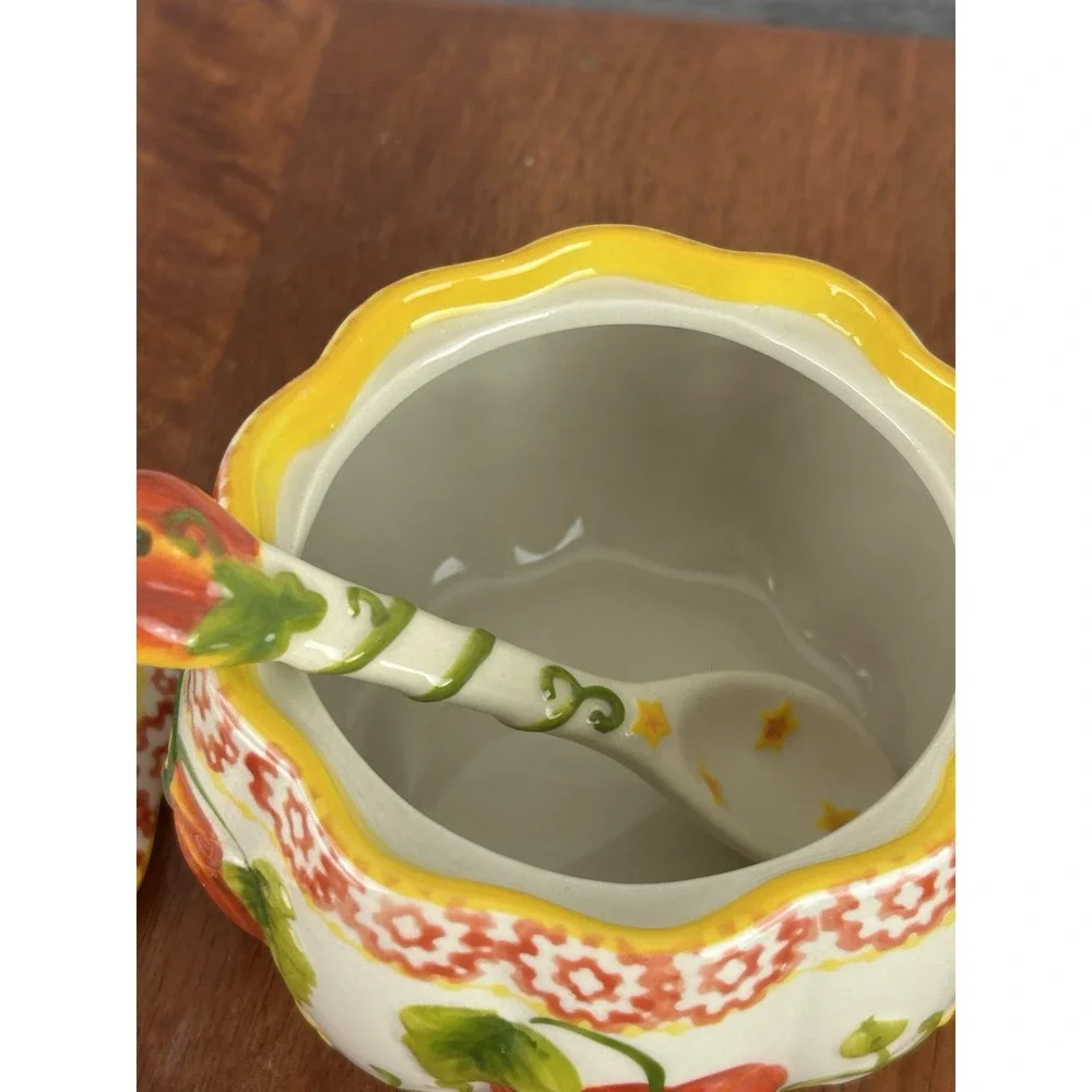 Temptations by Tara Old World Pumpkin Patch Pattern Ceramic Sugar Bowl W/ Spoon